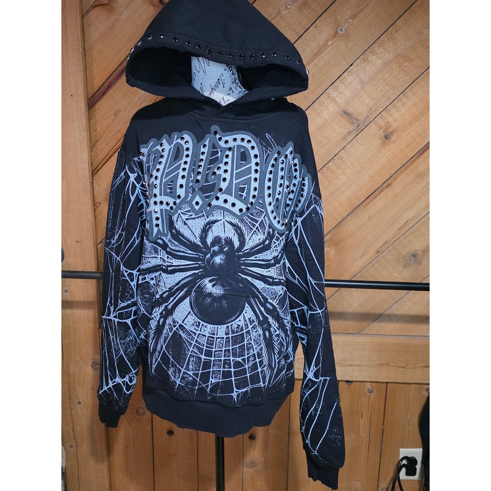 Stray Black Spider Web Rhinestone Hoodie Mens Small Gothic Streetwear